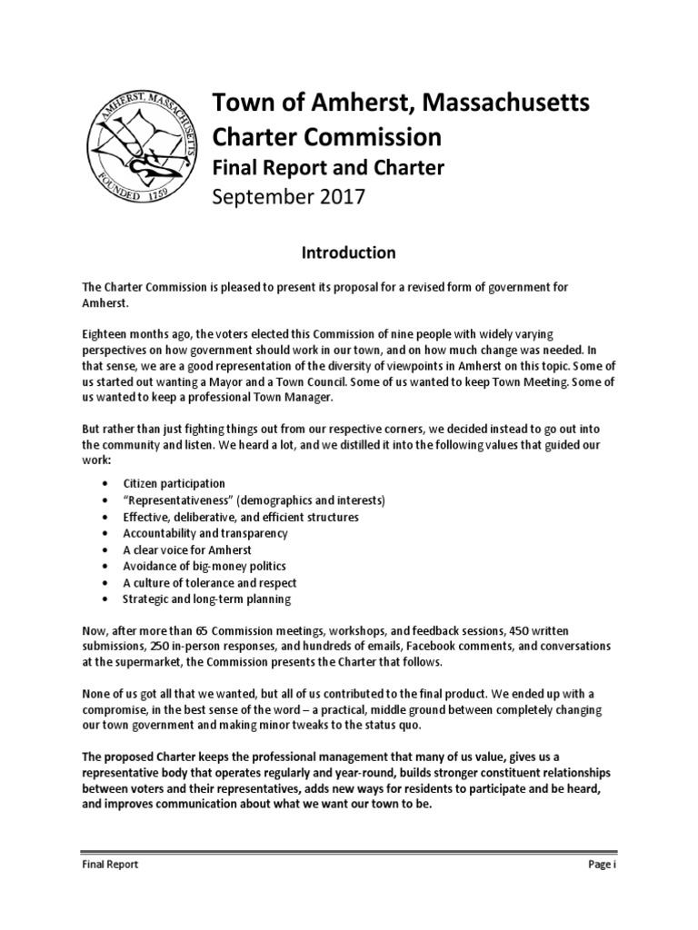 Town of Amherst, Massachusetts Charter Commission Final Report and Charter PDF Voting