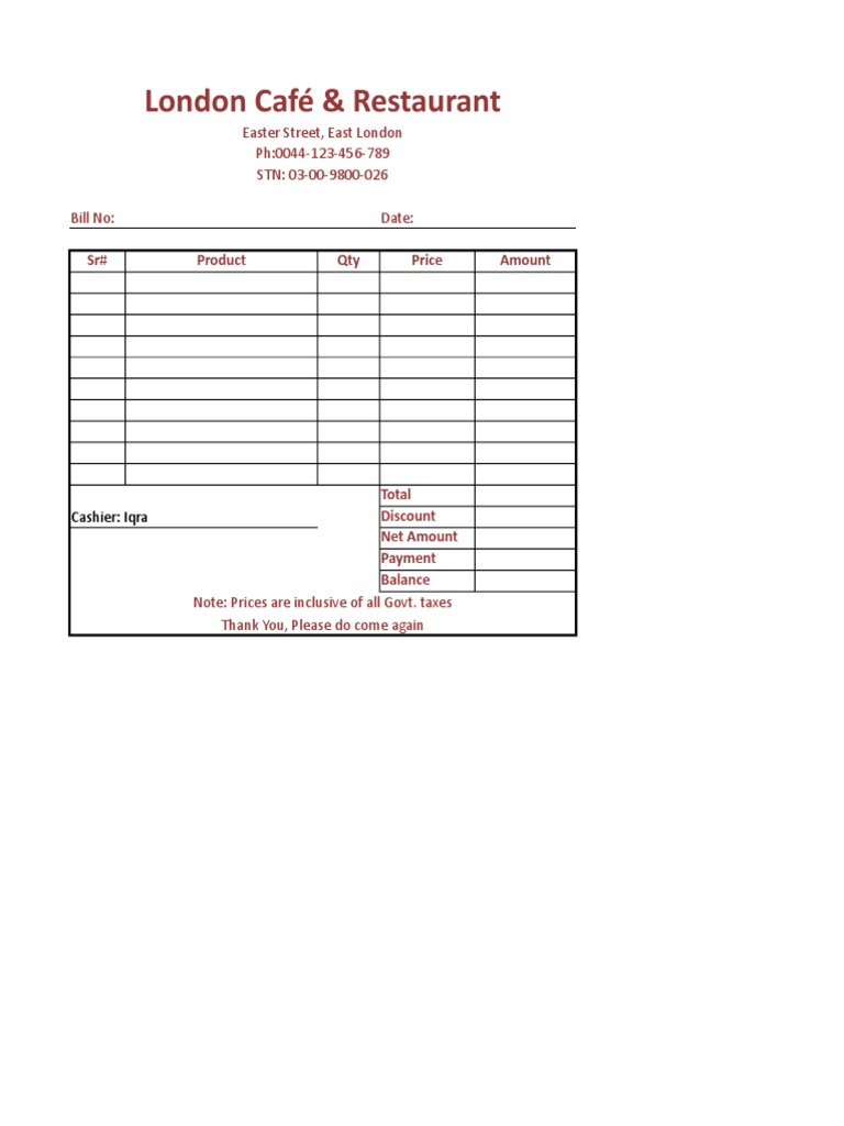Restaurant Bill Format in Excel PDF