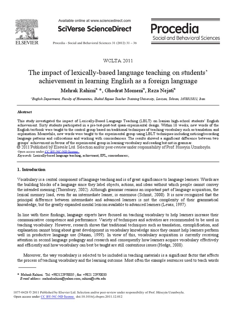 The Impact of Lexically Based Language Teaching On Students Achievement ...