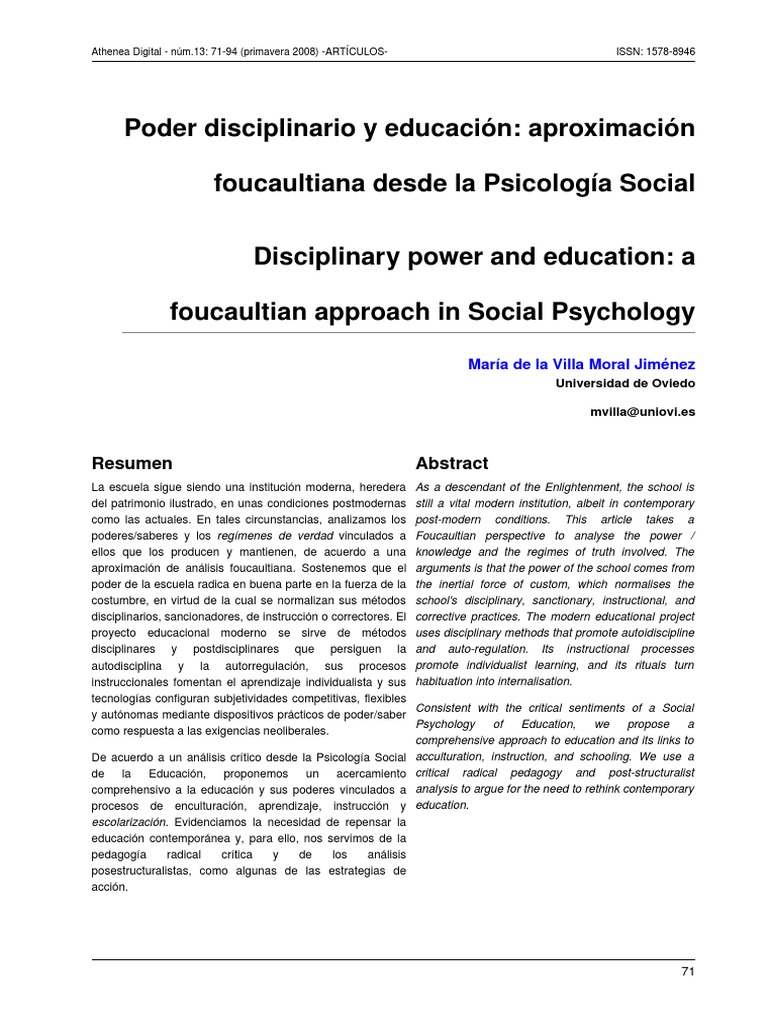 Poder Disciplinario y Educación PDF | PDF | Michel Foucault | Juventud