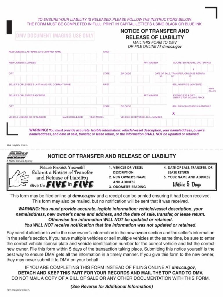 Reg 138 Notice Of Transfer And Release Of Liability