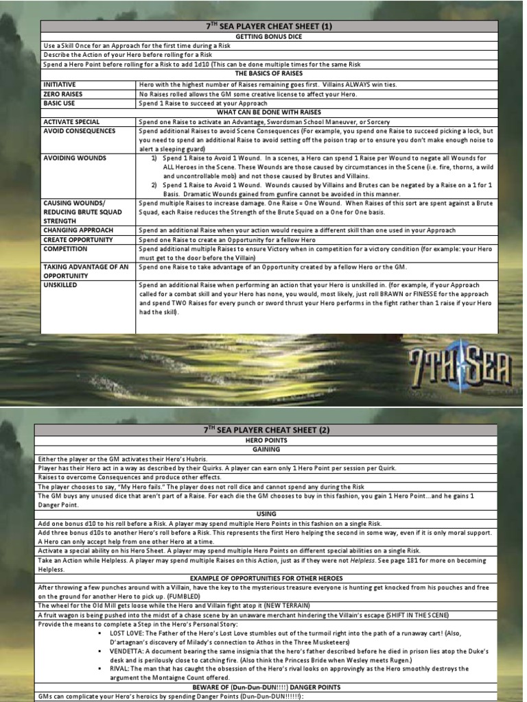 7thsea2e Player Cheatsheet by Martin Coulter PDF | PDF | Hero | Leisure