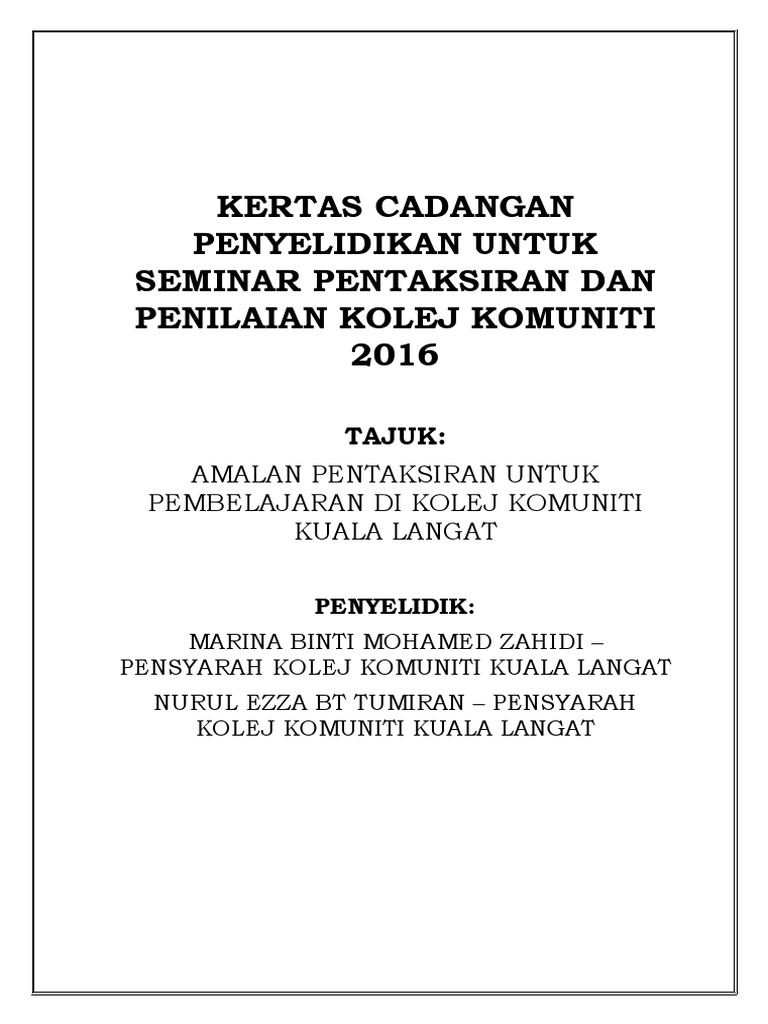 Proposal Amalan Pentaksiran Untuk Pembelajaran Di Kolej Komuniti Kuala Langat