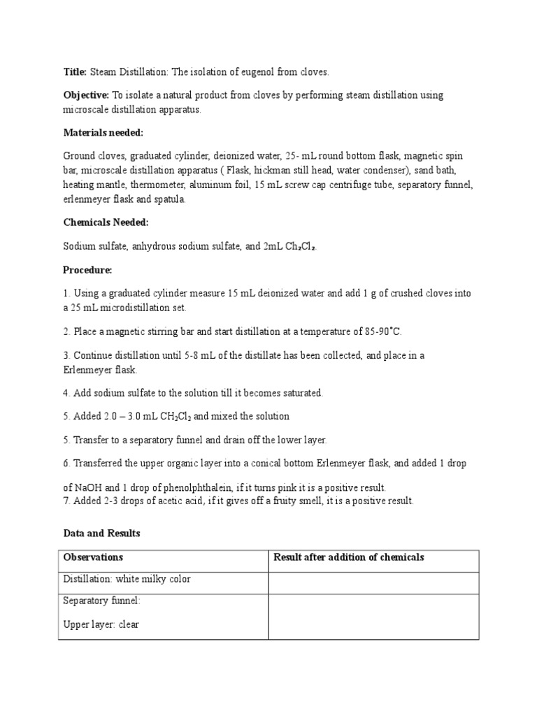 The Isolation of Eugenol From Cloves PDF Distillation Sodium