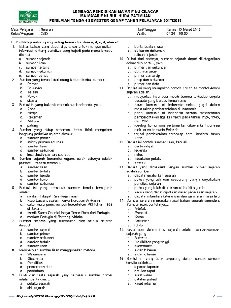 Soal PTS Genap Sejarah Peminatan Kelas X