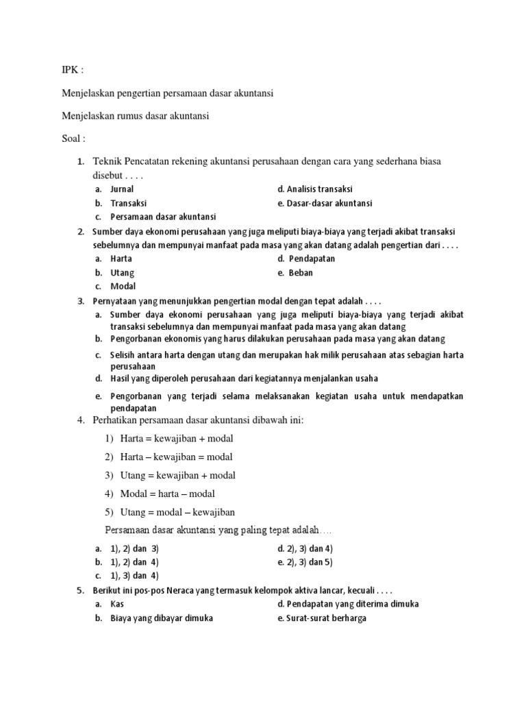 Soal Pretes Persamaan Dasar Akuntansi