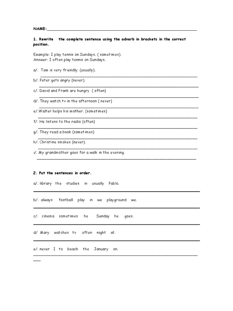 Adverb Placement Exercises and Sentence Order | PDF | Language Arts ...