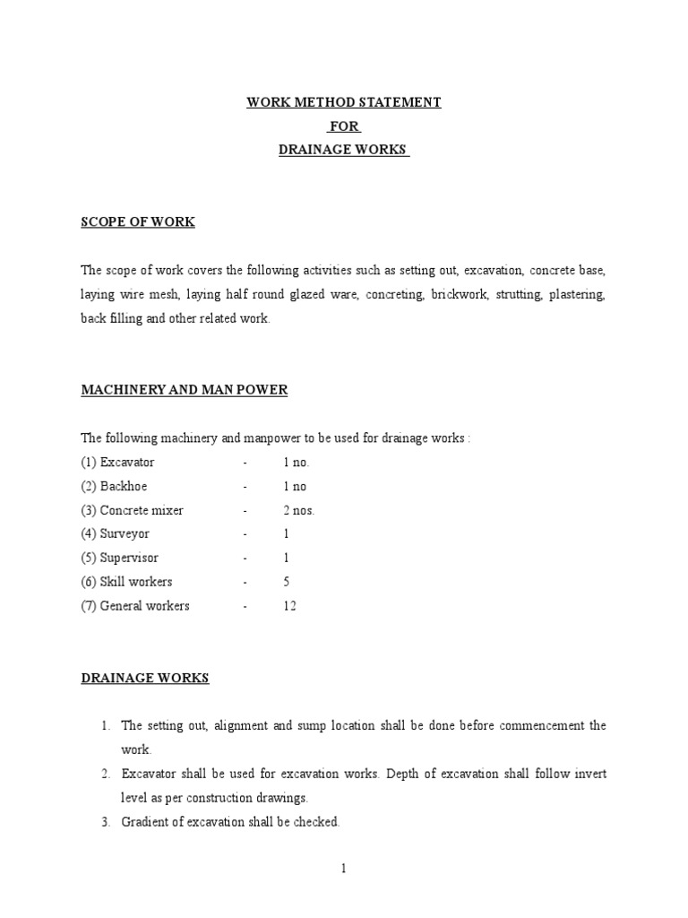 Method Statement for Drainage Works | PDF | Concrete | Brick