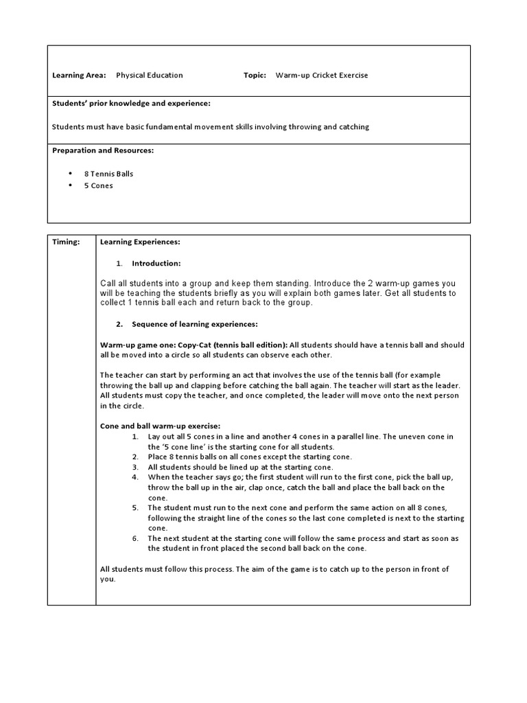 Cricket Warm-Up Games and Exercises | PDF | Lesson Plan | Teachers