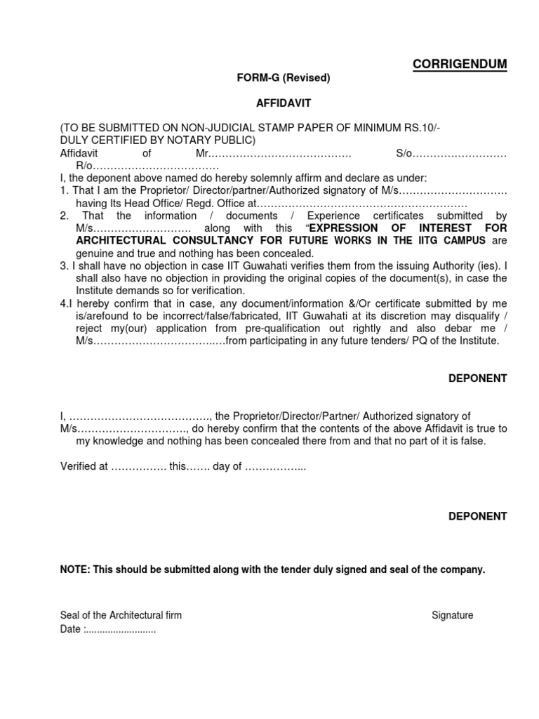 FORM-G (Revised) Affidavit: Corrigendum | PDF | Law