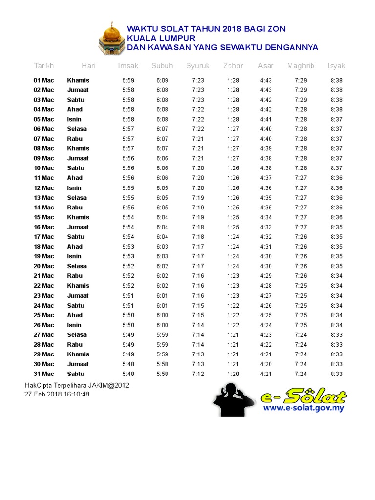 Waktu Solat Kuala Lumpur Bulan Mac | PDF