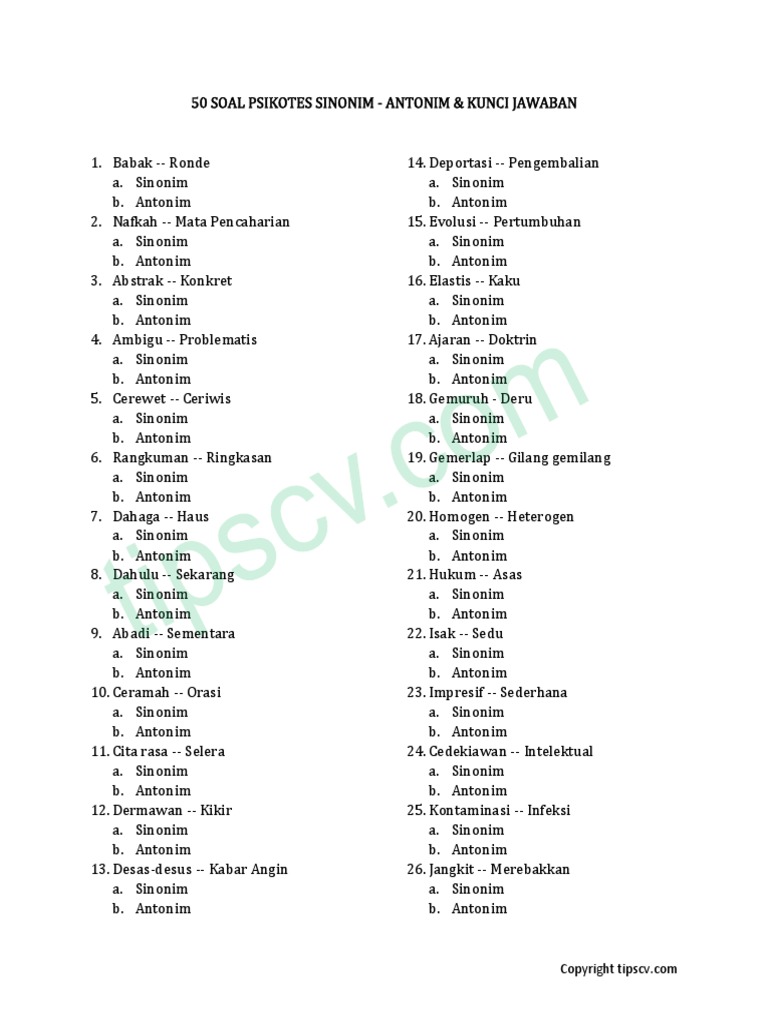 Download 50 Soal Psikotes Sinonim Antonim Dan Kunci Jawaban