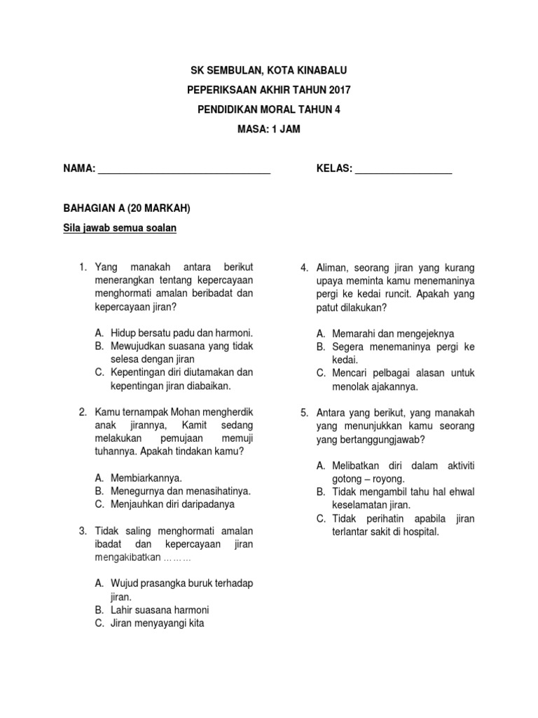 Soalan Pend Moral Tahun 4 1 Pdf