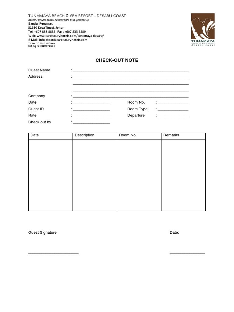 Tunamaya Beach Resort Checkout Note | PDF