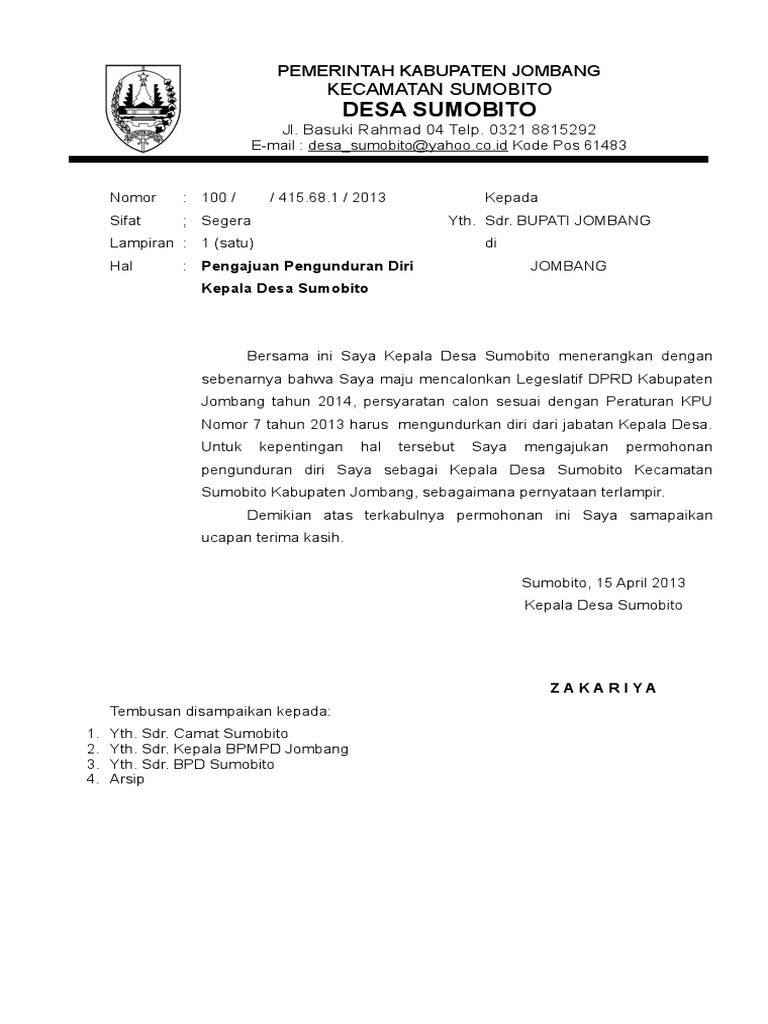 Contoh Surat Pengunduran Diri Bpd