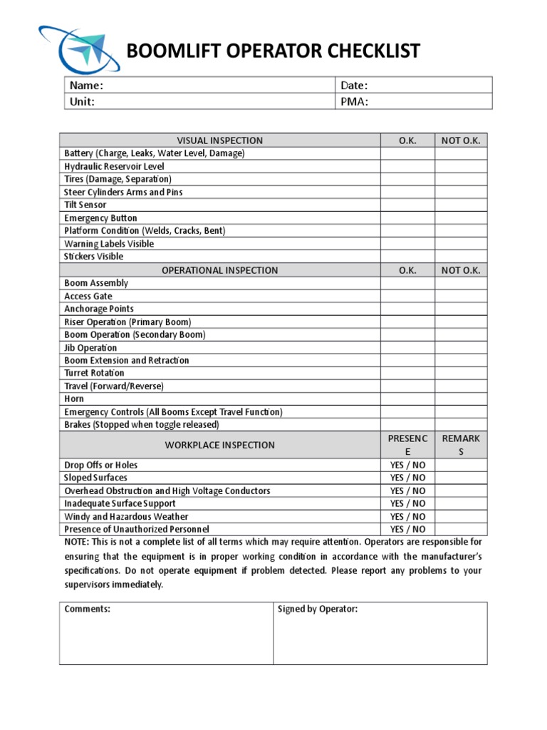 Boomlift Operator Safety Checklist | PDF