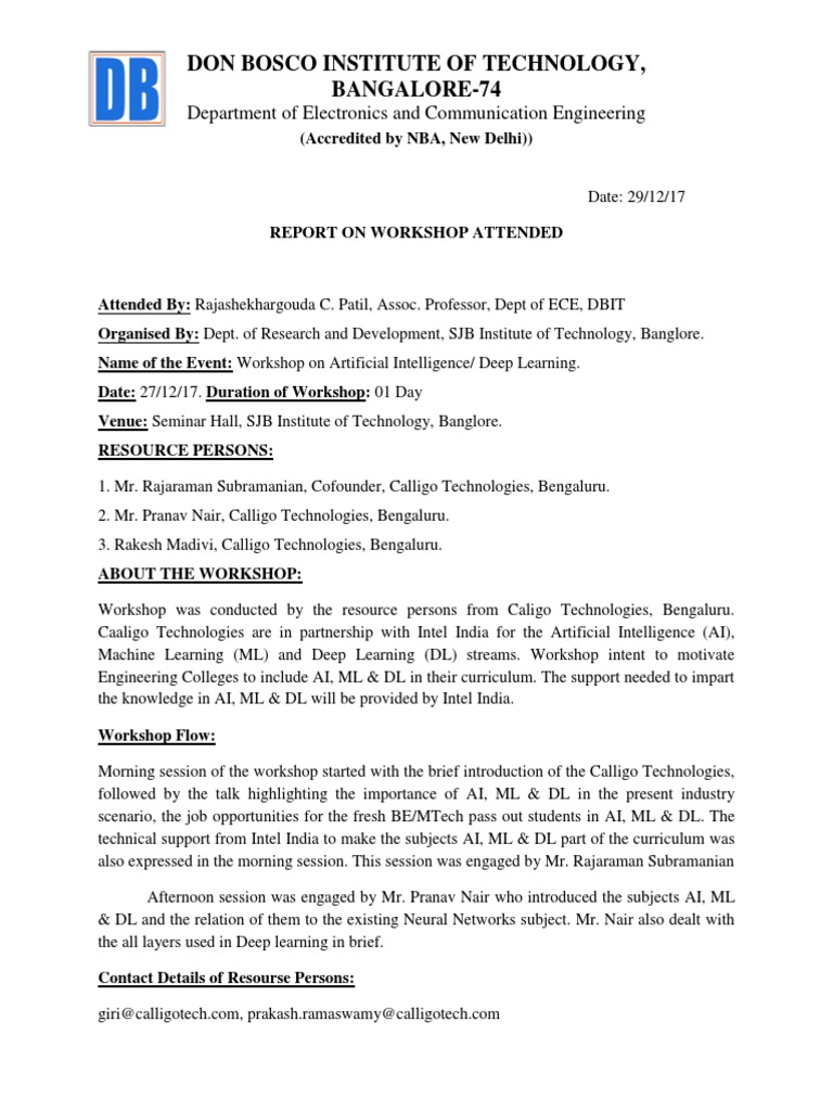 Report On Workshop On Artificial Intelligence SJBIT | PDF
