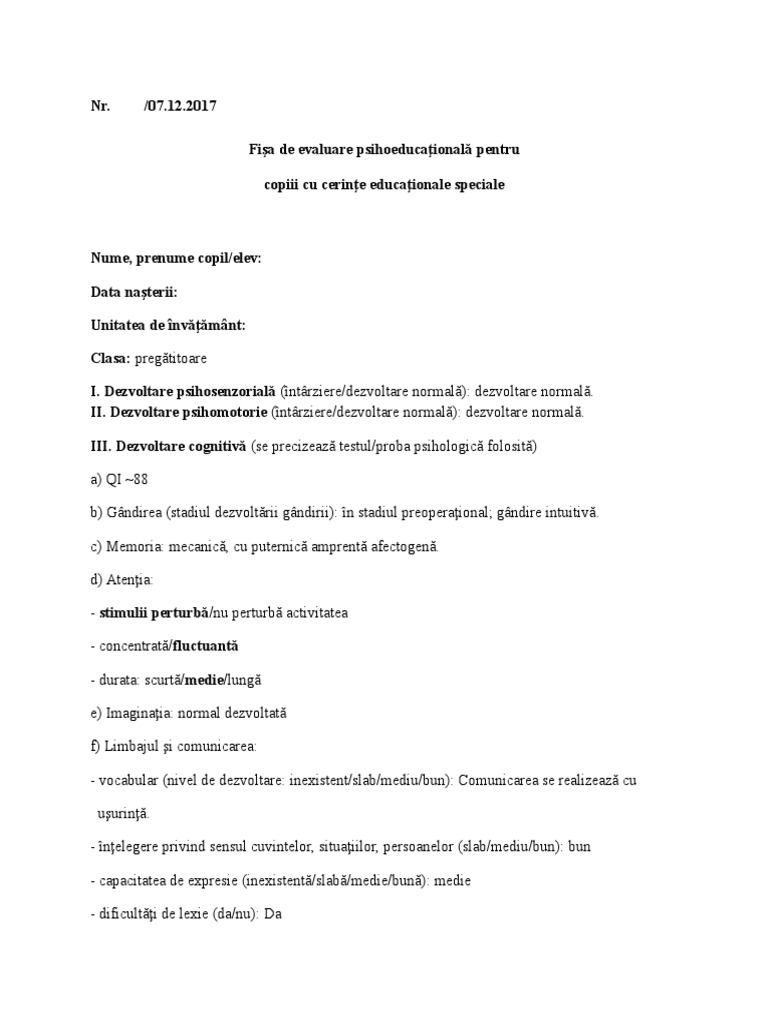 Fisa De Evaluare Psihoeducationala
