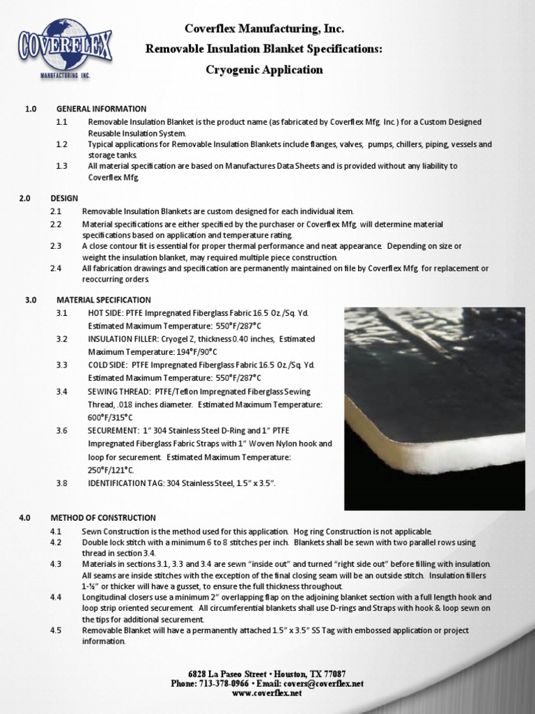 Coverflex Manufacturing, Inc. Removable Insulation Blanket Specifications Cryogenic Application