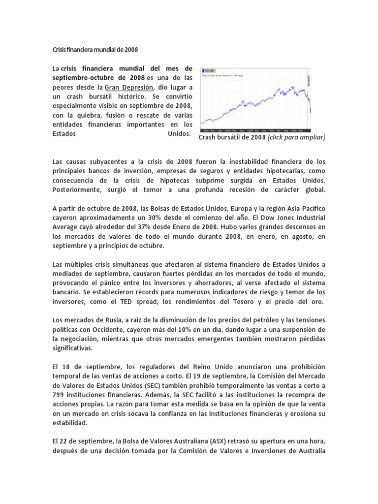 Crisis Financiera Mundial de 2008 Crisis financiera de 20072008 Bolsa