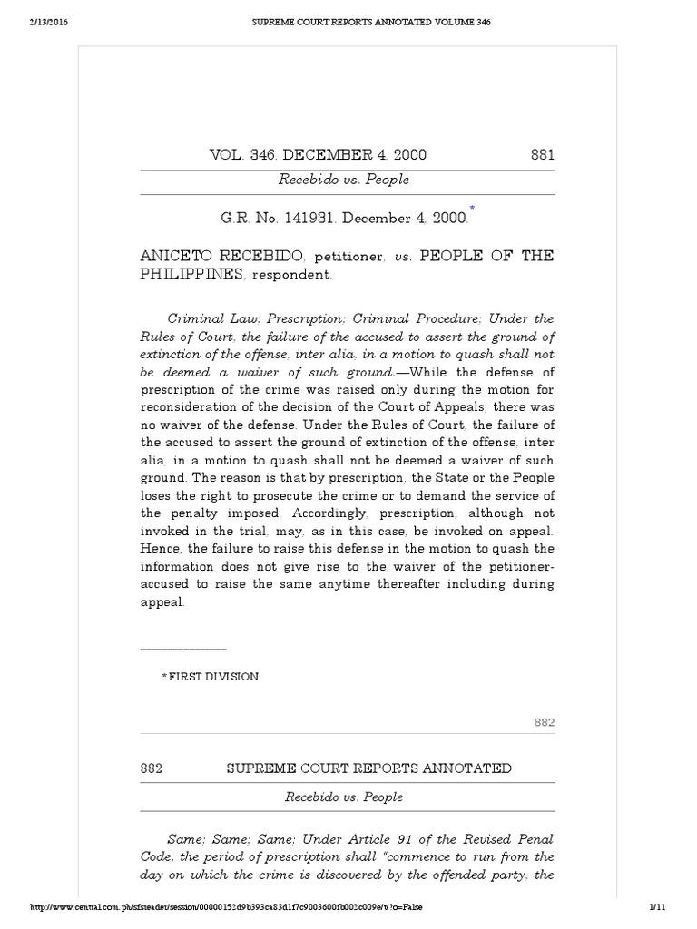 VOL. 346, DECEMBER 4, 2000 881 Recebido vs. People Download Free PDF