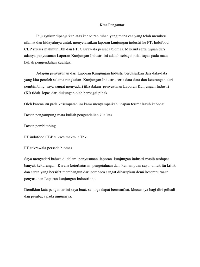 Contoh Kata Pengantar Untuk Laporan Kunjungan Industri - Temukan Contoh