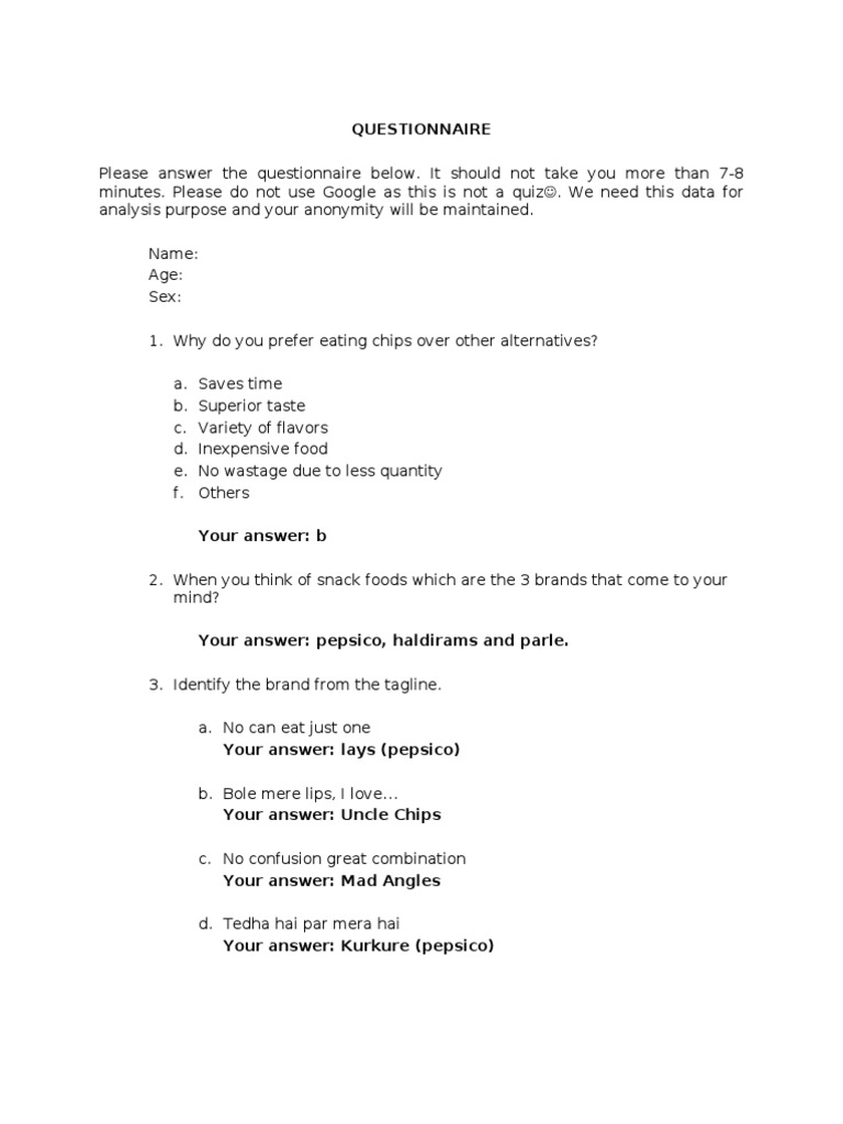 Questionnaire PDF Potato Chip Convenience Food
