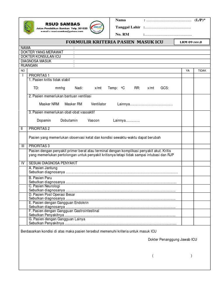 LRM 09 Rev.0 Icu Formulir Masuk Icu Ark2.3ep4 | PDF