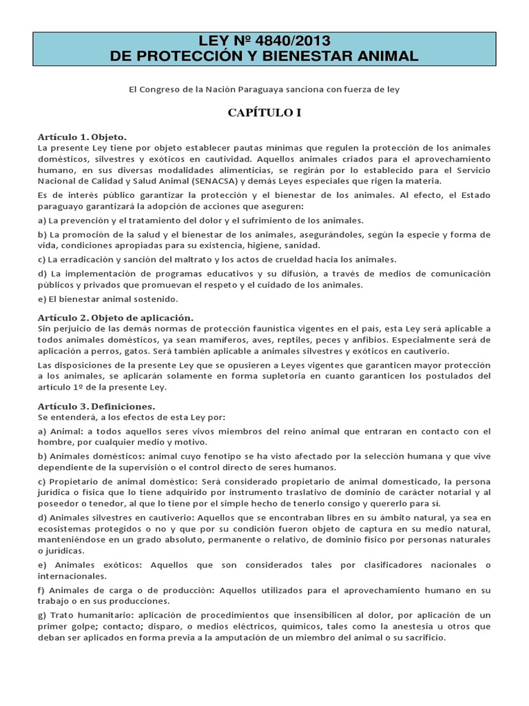 Ley Nº 48402013 De Protección y Bienestar Animal Crueldad hacia los animales Bienestar de