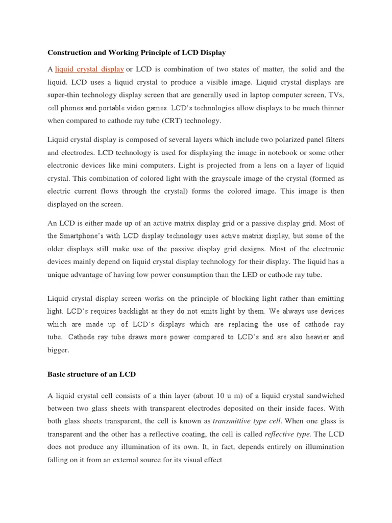 Liquid Crystal Display Construction and Working Principle of LCD Display PDF Liquid Crystal