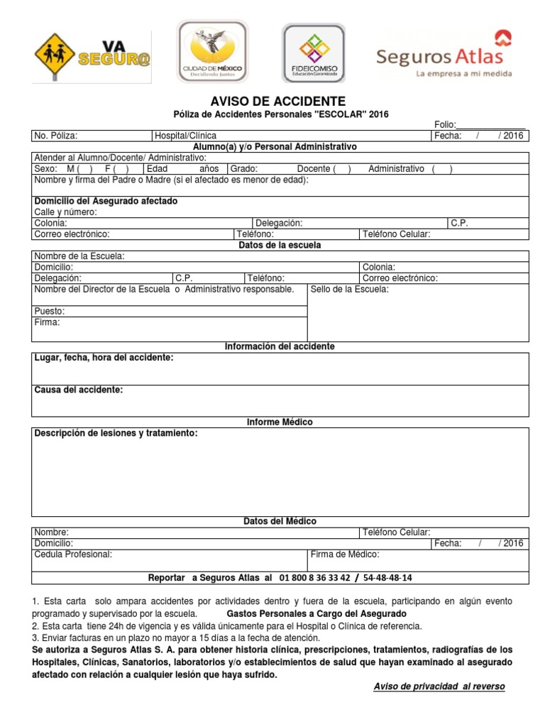 Formato de Aviso de Accidente Seguros Atlas (1) | Póliza de seguros