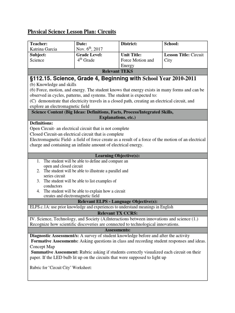 4th Grade Circuit Lesson Plan | PDF | Science | Electricity