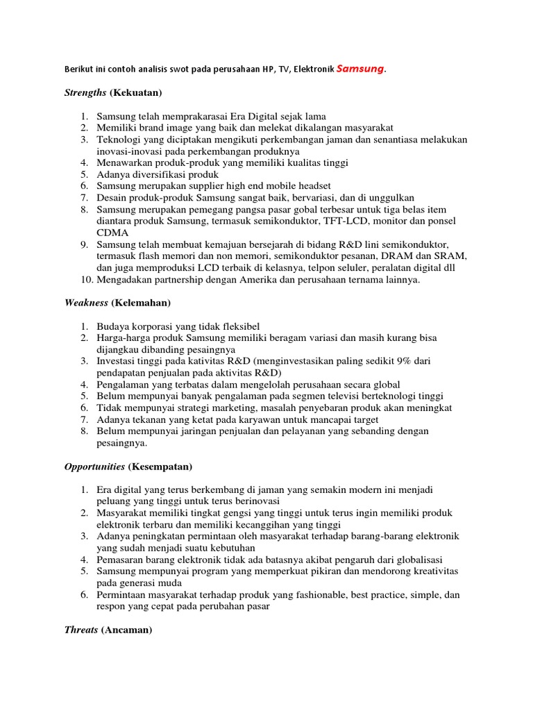 Berikut Ini Contoh Analisis Swot Pada Perusahaan Hp