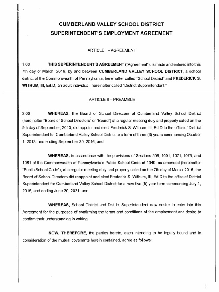 Cumberland Valley School District Superintendent Contract PDF Sick