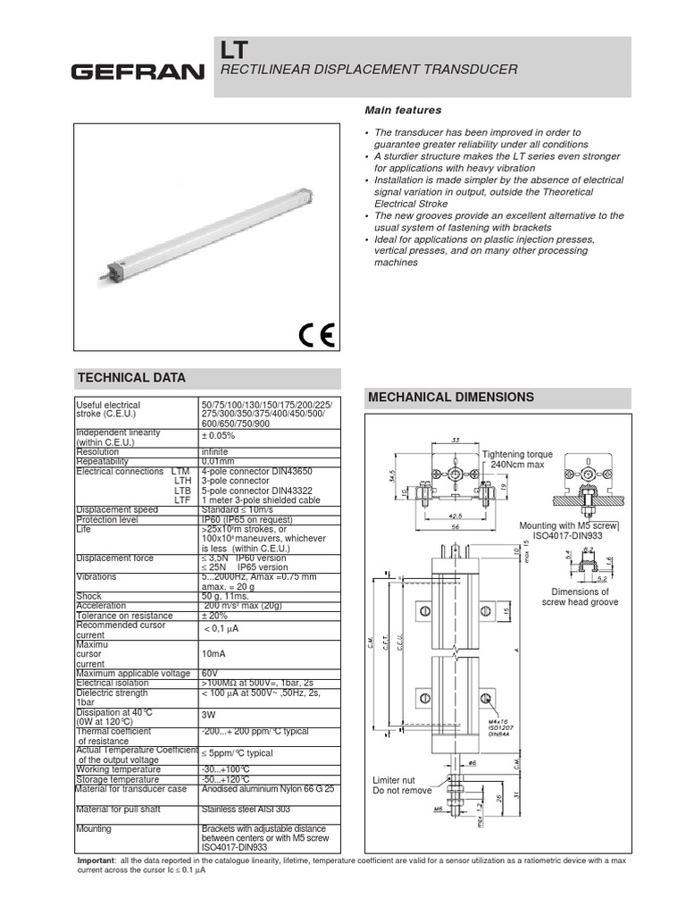 Rectilinear Displacement Transducer Technical Data Mechanical
