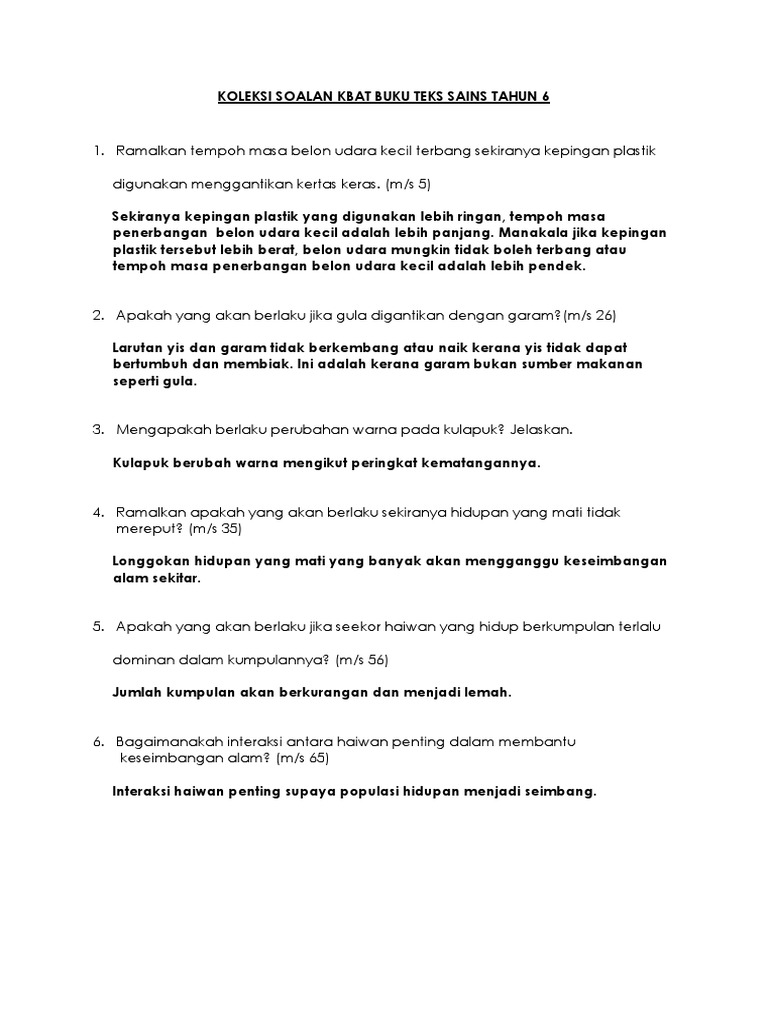 Koleksi Soalan Kbat Buku Teks Sains Tahun 6 Pdf