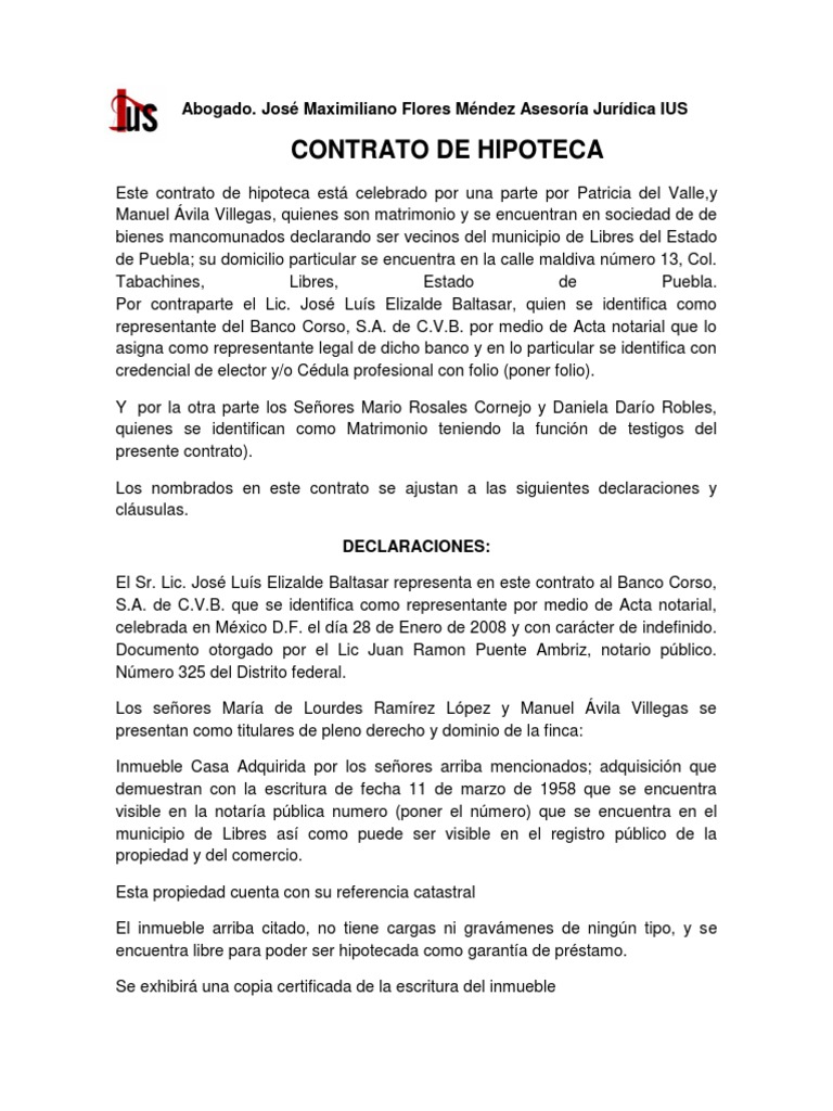 Contrato de Hipoteca Pagos Ley común