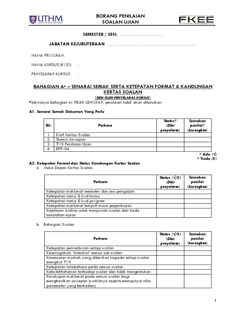 Borang Penilaian Soalan Ujian Pdf