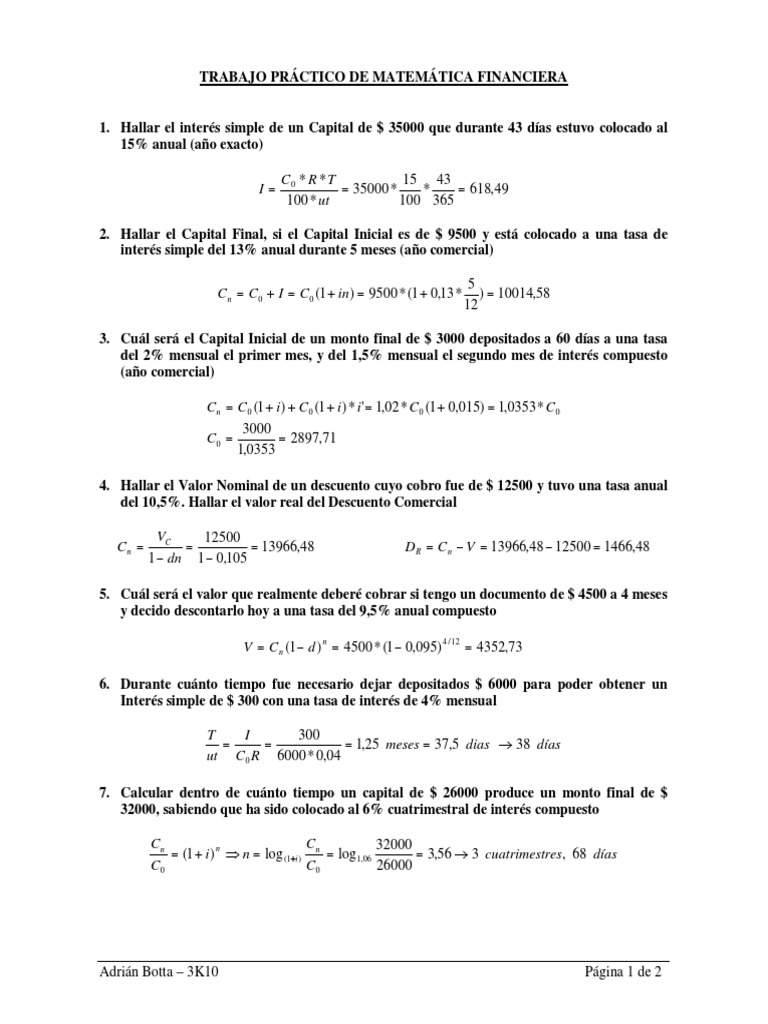 Ejercicios de Matemática Financiera | PDF | Finanzas Matemáticas ...