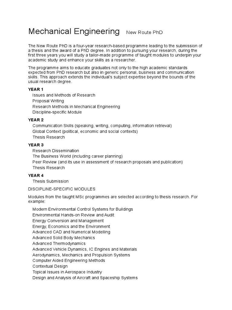 New Route PhD in Mechanical Engineering | PDF | Thesis | Engineering