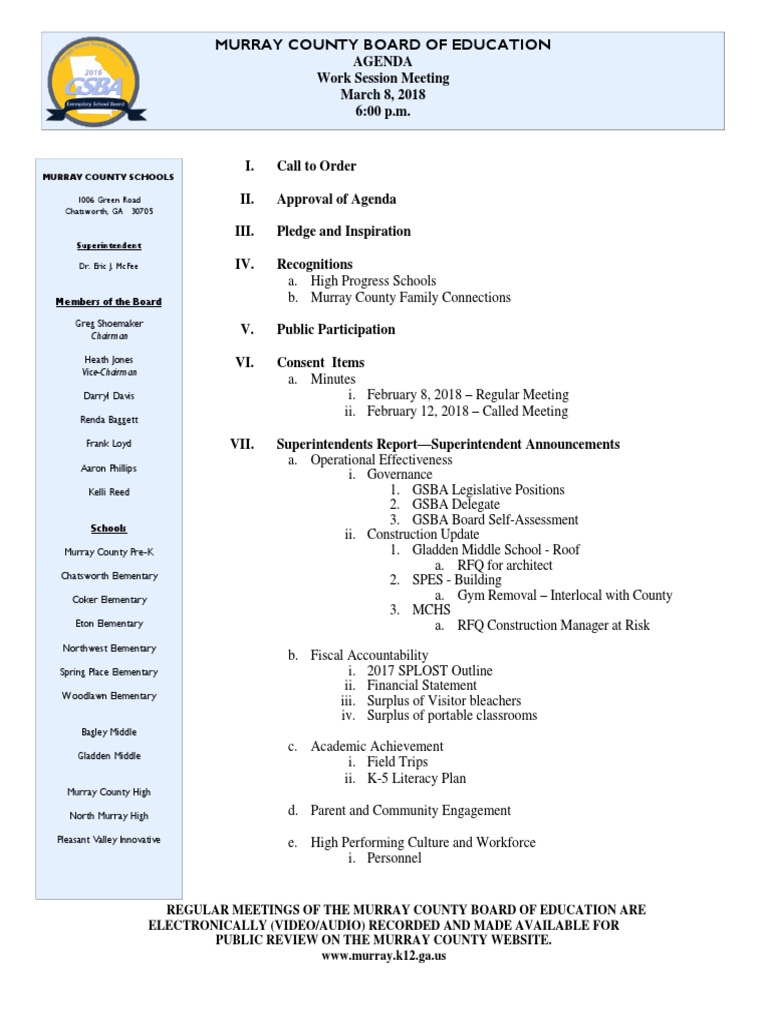 Murray County School Board Meeting Agenda March 8 | Government