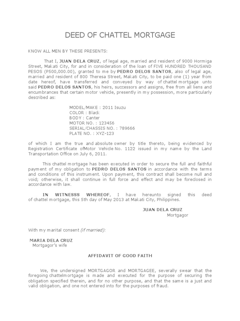 Chattel Mortgage Agreement Template | PDF | Mortgage Law | Debt