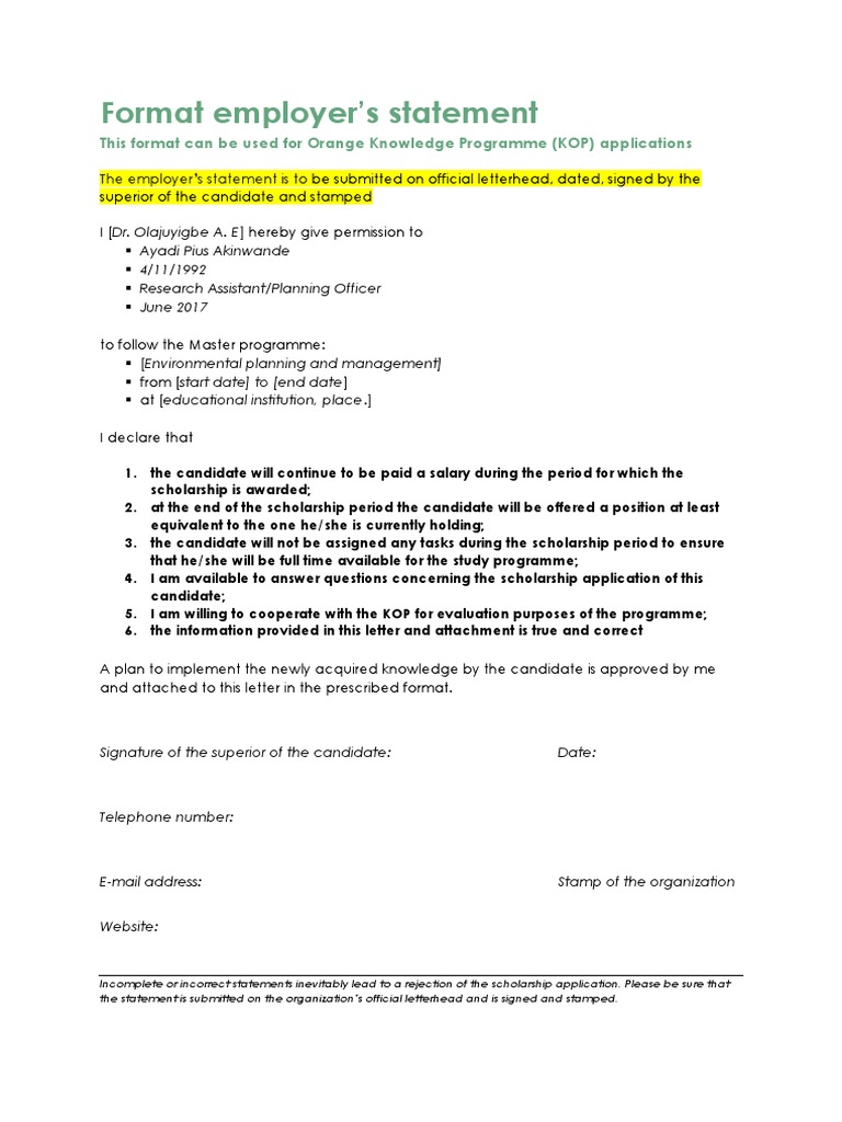 Employer's Statement for KOP Application | PDF | Environmental Impact ...