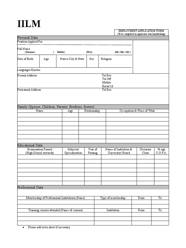 IILM Employment Application Form | PDF