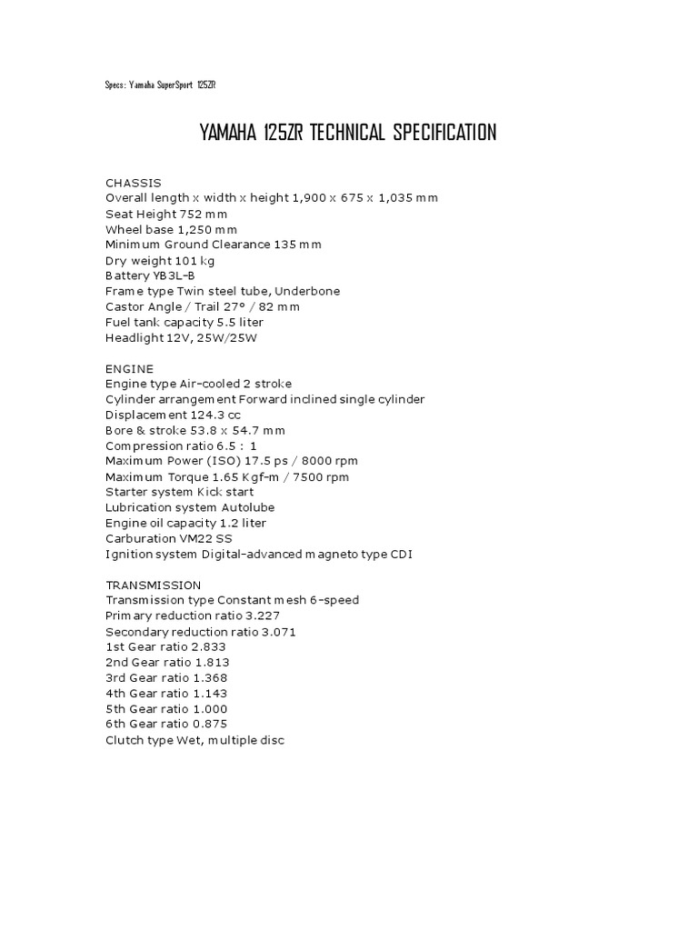 Yamaha 125ZR Technical Specs PDF Transmission (Mechanics) Gear