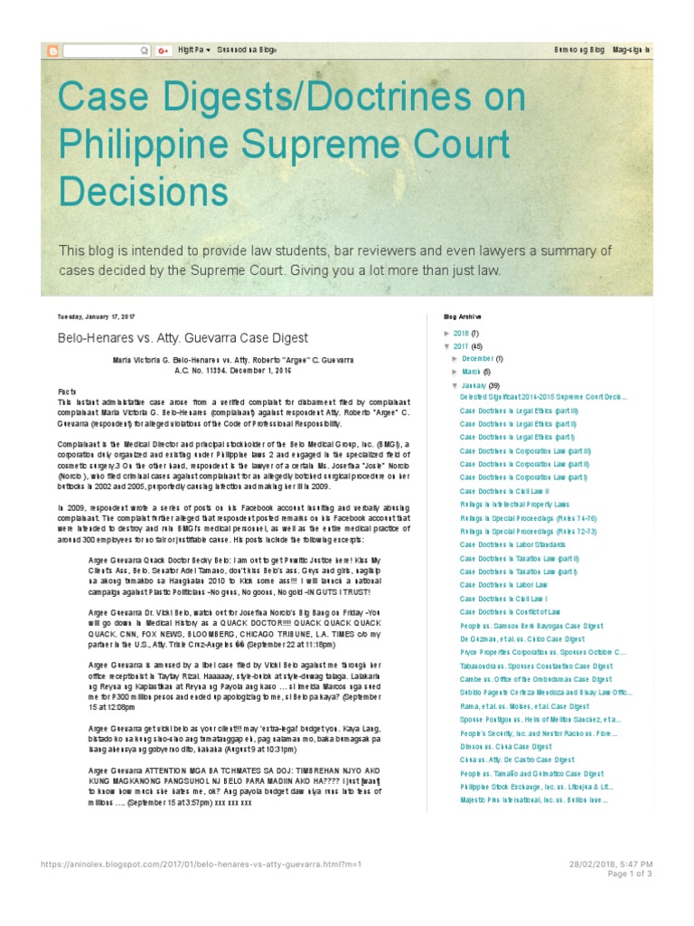 Disbarment Case: Belo-Henares vs. Guevarra | PDF | Privacy | Facebook