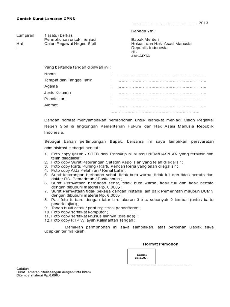 Contoh Surat Lamaran Cpns Doc