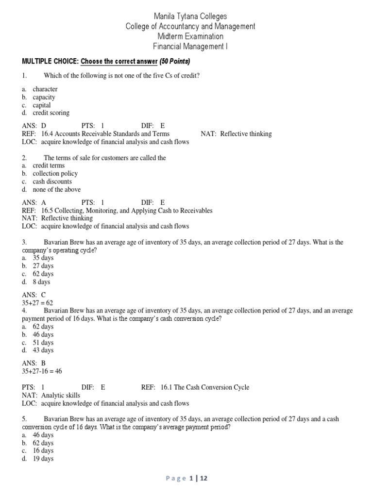 Final Exam Financial Managementwa Call Option Option (Finance