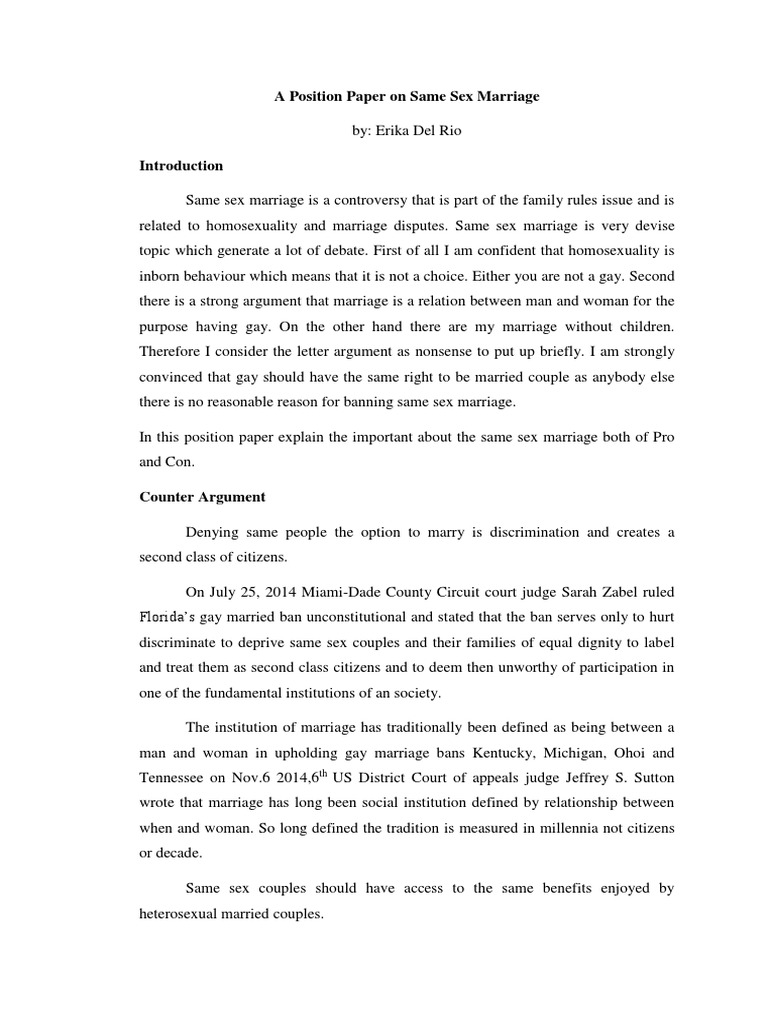 Position Paper on Same Sex Marriage | PDF | Marriage | Same Sex Marriage