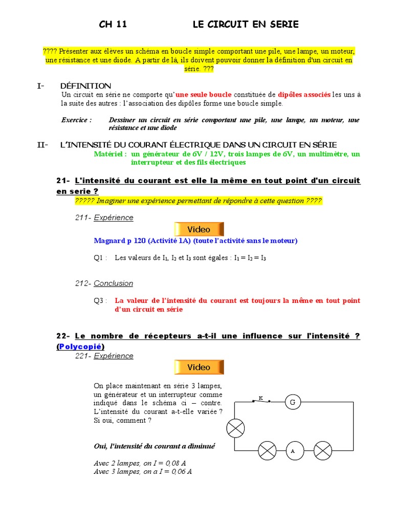 L intensité Du Courant électrique 4ème Exercice En Ligne CH12 Le Circuit en Série | PDF | Tension électrique | Électricité